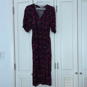 GAP Black Maxi Dress with Pink Floral Print and Puff Sleeves